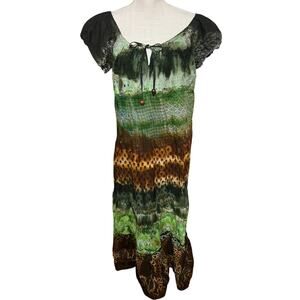 SOL Clothing sz 2X Maxi Dress Green Brown Resortwear Fairy Flowy Cotton FLAW